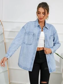 Flexra Tall Jaket Denim Wanita Panjang Berkerah Lengan Panjang Model Tall Fit - Light Wash - View 7
