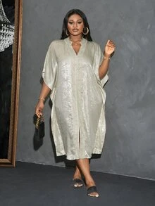 Veslaya Plus Size Women Solid Color V-Neck Batwing Sleeve Loose Elegant Dress - Multicolor - View 7