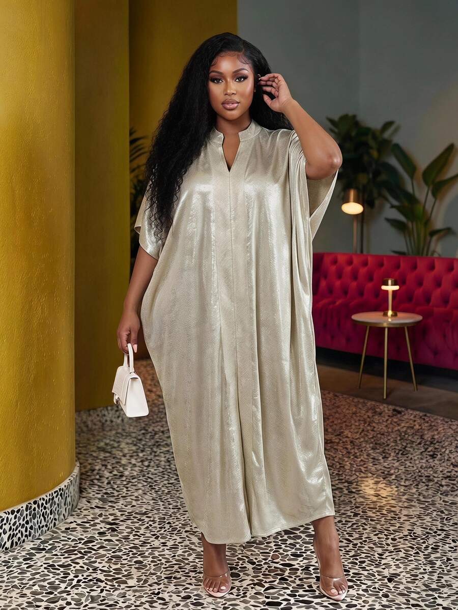 Veslaya Plus Size Women Solid Color V-Neck Batwing Sleeve Loose Elegant Dress - Multicolor - View 1