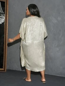 Veslaya Plus Size Women Solid Color V-Neck Batwing Sleeve Loose Elegant Dress - Multicolor - View 2