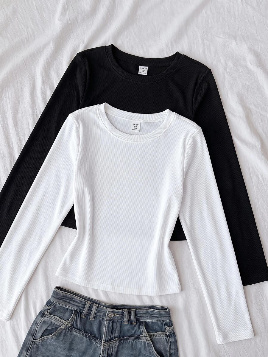 SHEIN Kids Tween Girl Tween Girls Tween Girl White & Dark Grey Long Sleeve T-Shirt 2pcs Set, Comfortable Casual Everyday Wear - Multicolor - View 1