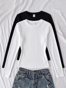 SHEIN Kids Tween Girl Tween Girls Tween Girl White & Dark Grey Long Sleeve T-Shirt 2pcs Set, Comfortable Casual Everyday Wear - Multicolor - View 2