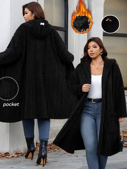 Reflora Pluszowy Teddy płaszcz z kapturem i podwójnymi kieszeniami, czarny, zimowy, casualowy, oversize, styl cowboy, na rodzinne wakacje, do biura, dla nauczycielki, do klubu