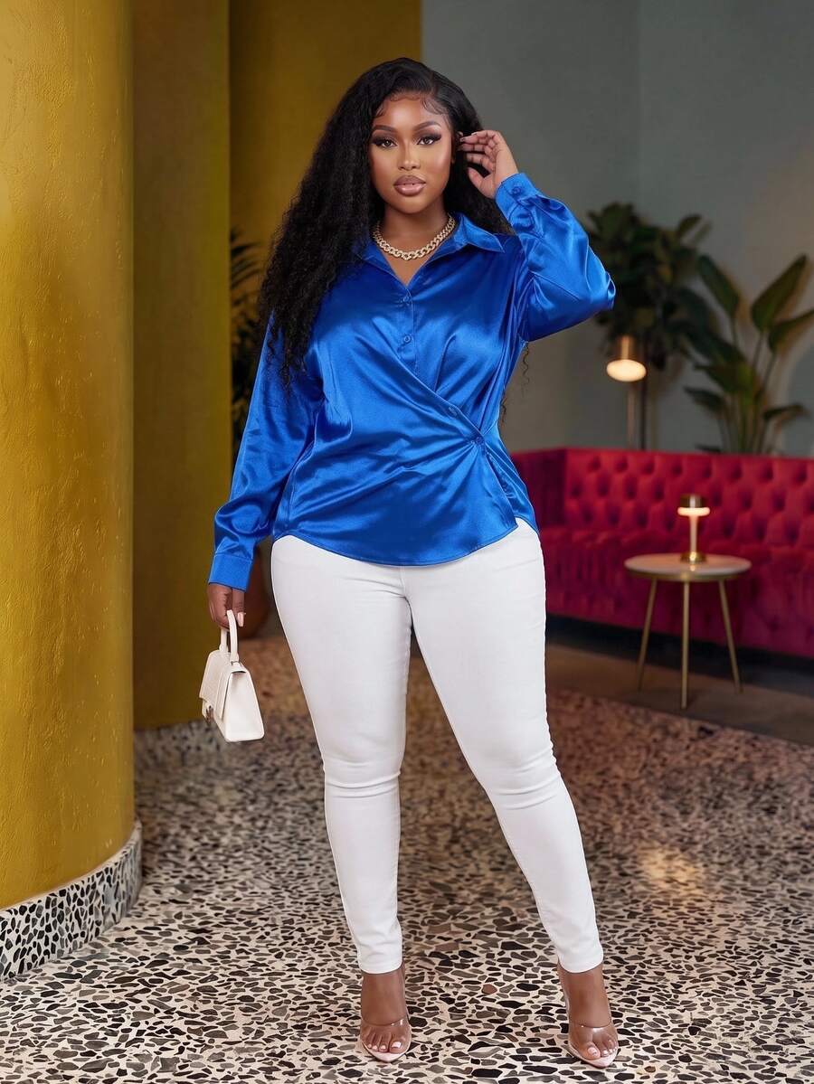 Veslaya Plus Size Women's Casual Solid Color Single-Breasted Shirt, Autumn - Blue - View 1