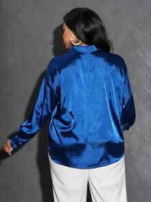 Veslaya Plus Size Women's Casual Solid Color Single-Breasted Shirt, Autumn - Blue - View 2