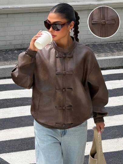 Muchica Women's Autumn/Winter New Brown Frog Button Design New Chinese Style Casual Loose PU Leather Jacket