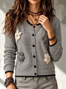 Zayélia Women's 3D Floral Decor Casual Versatile Daily Wear Cardigan - Grey - View 2