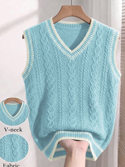 RONVEXI Men's V-Neck Vintage Sleeveless Vest, Retro Cable Knit Spring/Autumn/Winter Top, Coffee Color Contrast Loose Fit Tank Vest, Artistic Casual Commute Outfit, Japanese Minimalist Style, Versatile Layering Contrast Vest