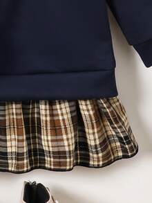 SHEIN Elladie kids 1pc Young Girl Preppy Plaid Patchwork Mock 2 In 1 Crewneck Long Sleeve Pleated Hem Sweatshirt Dress Party Outdoor Fall Style Fall Dress Outfits Y2k - Navy Blue - View 5