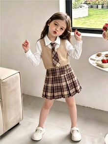 SHEIN Explorewe 两件套女童针织背心衬衫搭配复古格纹百褶裙，时尚百搭，适合日常、上学、通勤穿着。女童校服套装，格纹裙套装，幼儿返校套装，幼儿开学第一天套装，可爱女童秋冬校服套装 - 彩色 - 查看 2