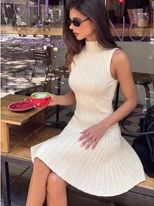 Aloruh Minimalist Elegant Stand Collar Sleeveless A-Line Mini Ribbed Knit Dress For Women,Autumn Everyday Off-White Brunch Everyday - White - View 2