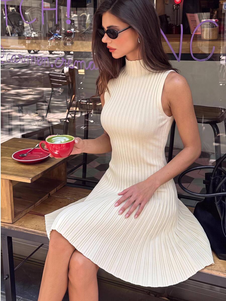 Aloruh Minimalist Elegant Stand Collar Sleeveless A-Line Mini Ribbed Knit Dress For Women,Autumn Everyday Off-White Brunch Everyday