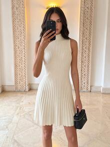 Aloruh Minimalist Elegant Stand Collar Sleeveless A-Line Mini Ribbed Knit Dress For Women,Autumn Everyday Off-White Brunch Everyday - White - View 5