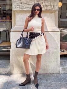 Aloruh Minimalist Elegant Stand Collar Sleeveless A-Line Mini Ribbed Knit Dress For Women,Autumn Everyday Off-White Brunch Everyday - White - View 4