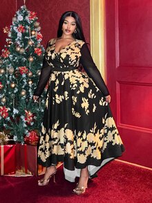 Veslaya 优雅、派对、聚会、约会大码女式 V 领花卉印花网眼嵌件 A 字裙，适合圣诞派对 - 黑色 - 查看 5