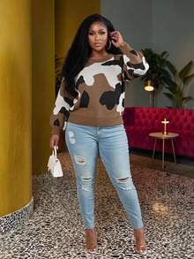 Veslaya Plus Size Women Camouflage Pattern Pullover Sweater, Casual - Brown - View 1