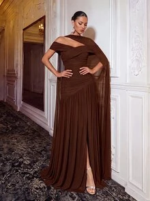 Glamrae Elegant Gray Minimalist Off-Shoulder Ruched Asymmetric A-Line High Slit Dress, Suitable For Weddings, Formal Events, Galas, And Cocktail Parties - Brown - View 6