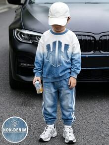 2pcs Set Sweatshirt Fleece Anak-anak dengan Logo Kecil NY, Motif Denim, Warna Gradien Putih, Gaya Kasual, Modis, Klasik, Kerah Bulat, dan Celana Jogging Streetwear - MultiWarna - View 7