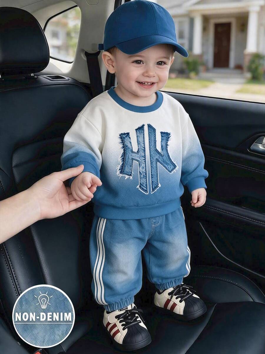 2pcs Set Sweatshirt Fleece Anak-anak dengan Logo Kecil NY, Motif Denim, Warna Gradien Putih, Gaya Kasual, Modis, Klasik, Kerah Bulat, dan Celana Jogging Streetwear - MultiWarna - View 1