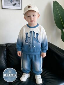 2pcs Set Sweatshirt Fleece Anak-anak dengan Logo Kecil NY, Motif Denim, Warna Gradien Putih, Gaya Kasual, Modis, Klasik, Kerah Bulat, dan Celana Jogging Streetwear - MultiWarna - View 2