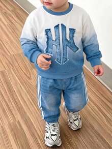 2pcs Set Sweatshirt Fleece Anak-anak dengan Logo Kecil NY, Motif Denim, Warna Gradien Putih, Gaya Kasual, Modis, Klasik, Kerah Bulat, dan Celana Jogging Streetwear - MultiWarna - View 5