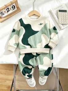2pcs Set Baju Sweatshirt & Celana Sweatpants Bayi Laki-laki Kasual Aktif Warna Putih Gading Hijau Motif Blok Abstrak Lengan Panjang Kerah Bulat Pakaian Musim Gugur yang Lucu - MultiWarna - View 2
