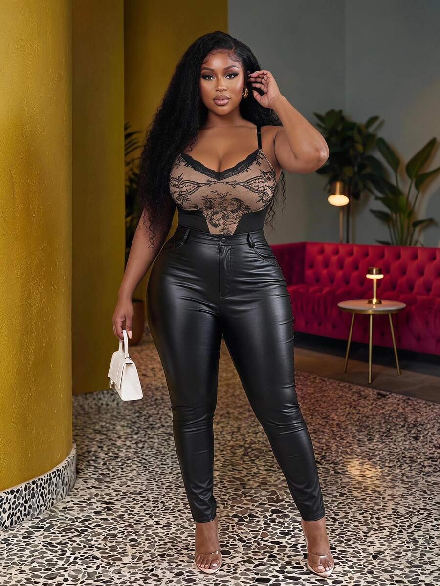 Veslaya Plus Size Black Lace Sexy Elegant Camisole For Autumn/Winter - Black - View 1