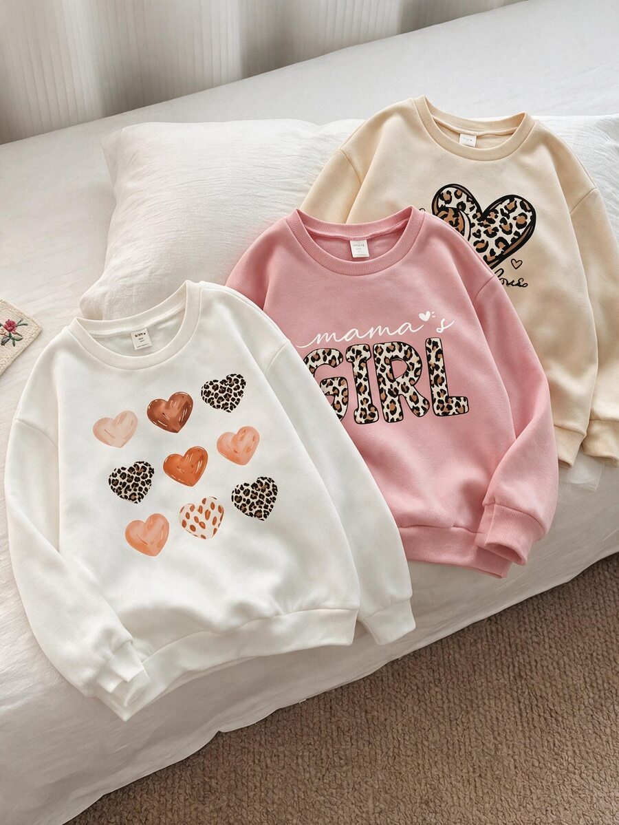 3pcs/Set Girls Brown Green White Leopard Print Sweatshirt,Back-To-School Casual Collegiate Style Round Neck Long Sleeve Cute Look 7th Birthday Autumn - Black - View 1