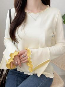FRIFUL Women's Wavy Frill Trim White And Yellow Loose Colorblock Short Sleeve T-Shirt, Autumn Casual Romantic Outing Top Everyday High Tea - White - View 2