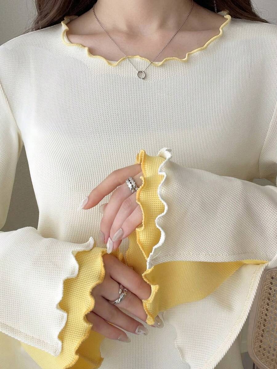 FRIFUL Women's Wavy Frill Trim White And Yellow Loose Colorblock Short Sleeve T-Shirt, Autumn Casual Romantic Outing Top Everyday High Tea - White - View 1