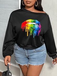 Veslaya Plus Size Women's Elegant & Casual Fitted Solid Black Oblique Shoulder Buttoned Decor Lip Print Pullover Sweatshirt, Autumn/Winter - Black - View 5
