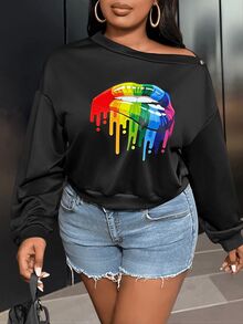 Veslaya Plus Size Women's Elegant & Casual Fitted Solid Black Oblique Shoulder Buttoned Decor Lip Print Pullover Sweatshirt, Autumn/Winter - Black - View 8