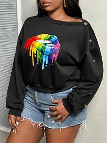 Veslaya Plus Size Women's Elegant & Casual Fitted Solid Black Oblique Shoulder Buttoned Decor Lip Print Pullover Sweatshirt, Autumn/Winter - Black - View 7