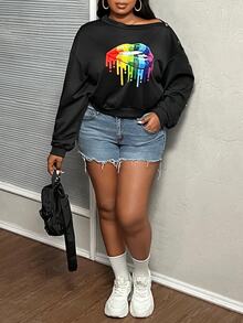 Veslaya Plus Size Women's Elegant & Casual Fitted Solid Black Oblique Shoulder Buttoned Decor Lip Print Pullover Sweatshirt, Autumn/Winter - Black - View 4