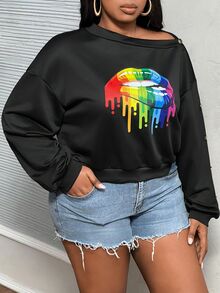 Veslaya Plus Size Women's Elegant & Casual Fitted Solid Black Oblique Shoulder Buttoned Decor Lip Print Pullover Sweatshirt, Autumn/Winter - Black - View 6