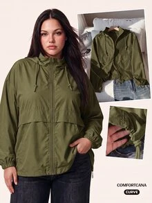 SHEIN EZwear Plus Size Army Green Casual Zip-Up Long Sleeve Hooded Jacket Fall - Army Green - View 3