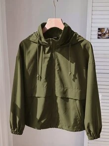 SHEIN EZwear Plus Size Army Green Casual Zip-Up Long Sleeve Hooded Jacket Fall - Army Green - View 5
