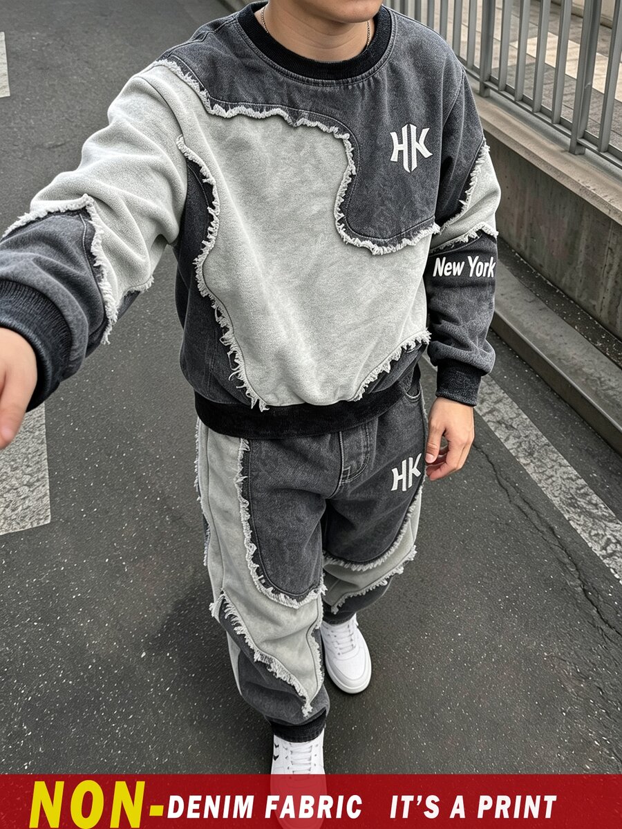 2件組青少年男孩時尚簡約舒適圓領運動衫與運動長褲套裝,酷炫幾何拼接滿版印花設計 - 深灰色 - 查看 1