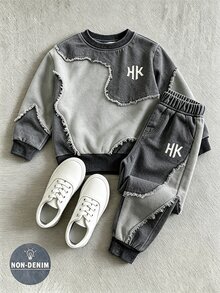 2件組青少年男孩時尚簡約舒適圓領運動衫與運動長褲套裝，酷炫幾何拼接滿版印花設計 - 深灰色 - 查看 3
