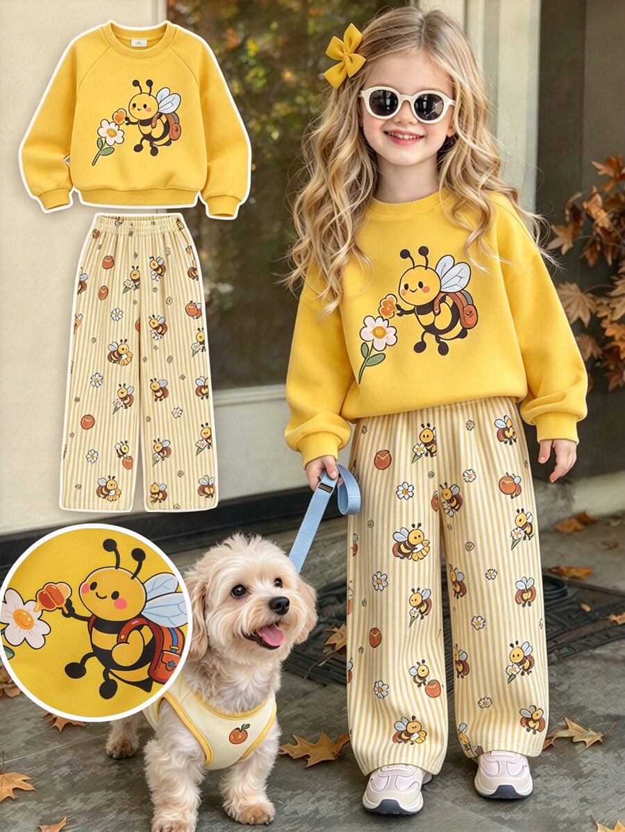 SHEIN Playful Pals 2Pcs Young Girls Outfit, Cute Cartoon Bee Print Crew Neck Sweatshirt & Striped Bee Floral Print Pants Set, Casual Fall Daily Kids Clothing - Yellow - View 1