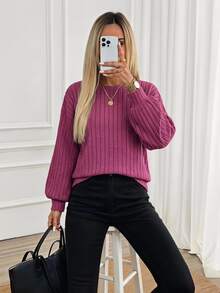 EMERY ROSE Hot Pink Fleece Knit Sweatshirt For Women,Long Sleeve Tops Graduation,Back To School Outfits,Graduation,Teacher In Autumn/Winter Brunch Office Casual - Hot Pink - View 1