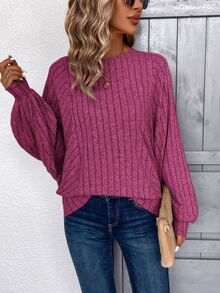 EMERY ROSE Hot Pink Fleece Knit Sweatshirt For Women,Long Sleeve Tops Graduation,Back To School Outfits,Graduation,Teacher In Autumn/Winter Brunch Office Casual - Hot Pink - View 3