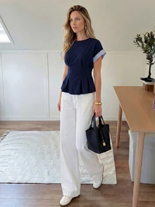 Easowa 女款拼接條紋袖口百褶下擺休閒優雅正式襯衫 教師節 辦公室 早午餐 海軍藍 夏季 - 藏蓝色 - 查看 6