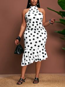 Veslaya Summer Elegant Plus Size Women's Dress,Brown Polka Dot,Sleeveless Backless Ruffled Mid-Length Holiday Dress For Night Out Gym Club And Party - Multicolor - View 11