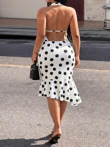 Veslaya Summer Elegant Plus Size Women's Dress,Brown Polka Dot,Sleeveless Backless Ruffled Mid-Length Holiday Dress For Night Out Gym Club And Party - Multicolor - View 3