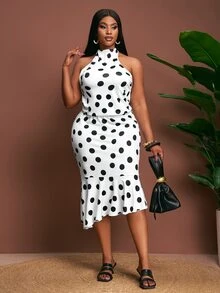 Veslaya Summer Elegant Plus Size Women's Dress,Brown Polka Dot,Sleeveless Backless Ruffled Mid-Length Holiday Dress For Night Out Gym Club And Party - Multicolor - View 8