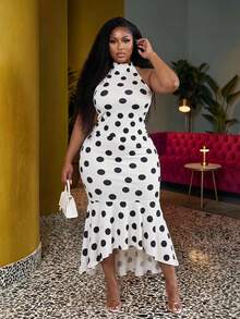 Veslaya Summer Elegant Plus Size Women's Dress,Brown Polka Dot,Sleeveless Backless Ruffled Mid-Length Holiday Dress For Night Out Gym Club And Party - Multicolor - View 2