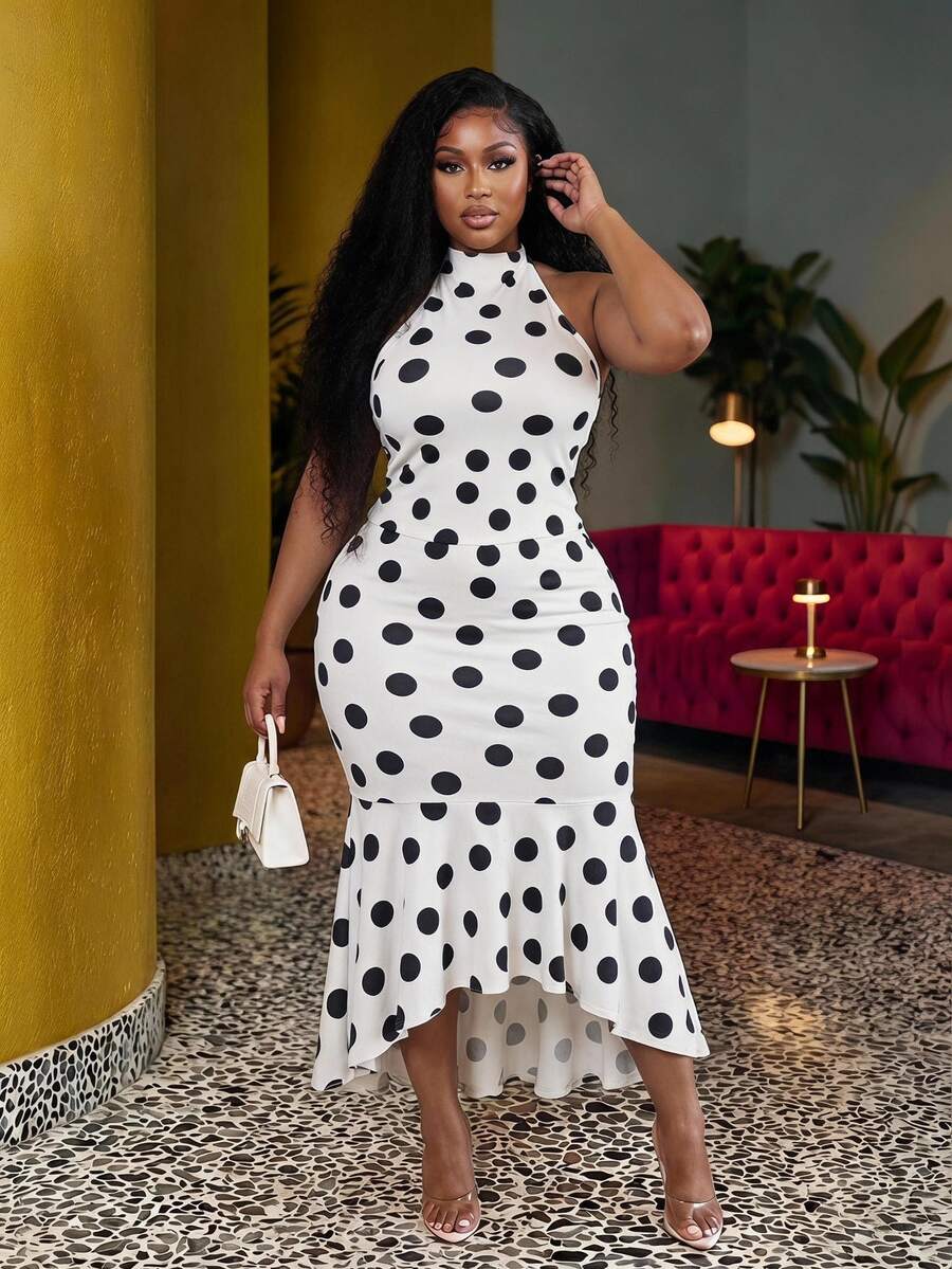 Veslaya Summer Elegant Plus Size Women's Dress,Brown Polka Dot,Sleeveless Backless Ruffled Mid-Length Holiday Dress For Night Out Gym Club And Party