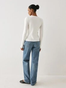 YARNWELL Women's Solid Color Versatile Round Neck Long Sleeve Sweater For Daily Wear, Basic Essential Fall Winter Must Have Layering Knit Top, Minimalist - White - View 4