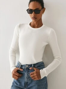 YARNWELL Women's Solid Color Versatile Round Neck Long Sleeve Sweater For Daily Wear, Basic Essential Fall Winter Must Have Layering Knit Top, Minimalist - White - View 8